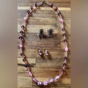Elegant Purple Jewelry Set 1 glass beaded necklace & 2 pairs of earrings new